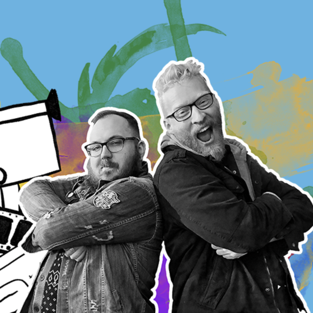 Screenshot of the Shame List Picture Show website showing Michael Viers and Nick Richards back to back with colorful paint splashes around them.