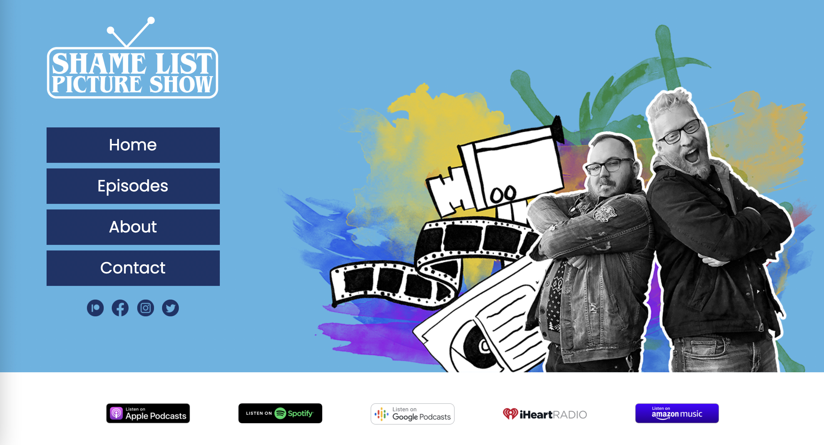 Screenshot of a webpage with a blue background and a photo of two smiling men back-to-back over colorful paint splotches.